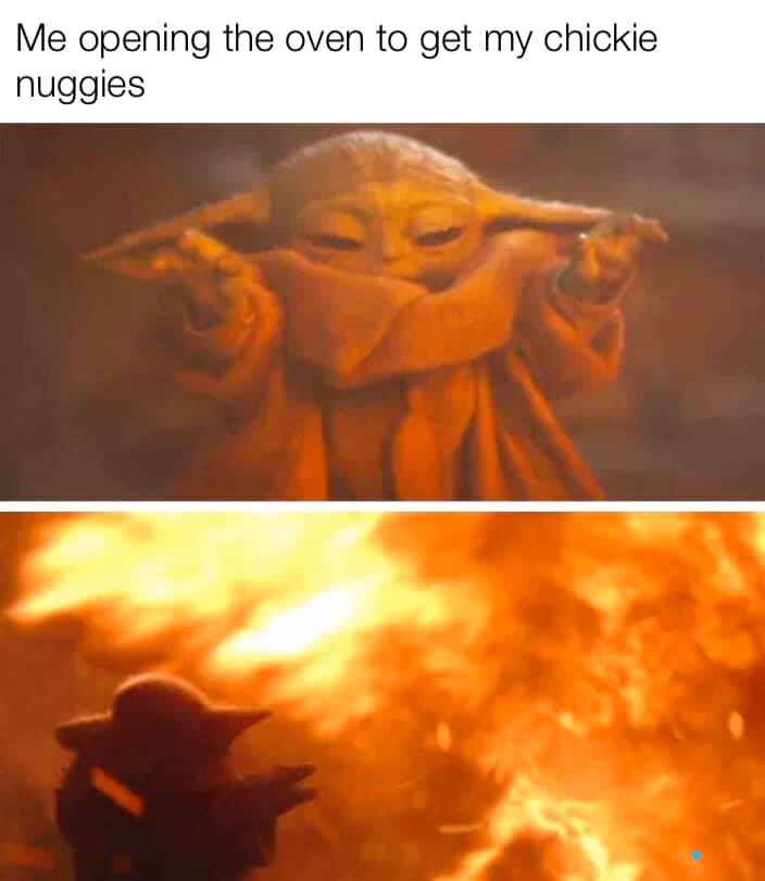 This meme is a humorous take on a classic scene from the movie "Star Wars: The Empire Strikes Back." The image depicts a character from the movie, likely Yoda, with a shocked expression, but with a twist: the character is holding a chicken nugget instead of a lightsaber. The caption "I find your lack of chicken nuggets disturbing" is a play on Yoda's famous line "I find your lack of faith disturbing."